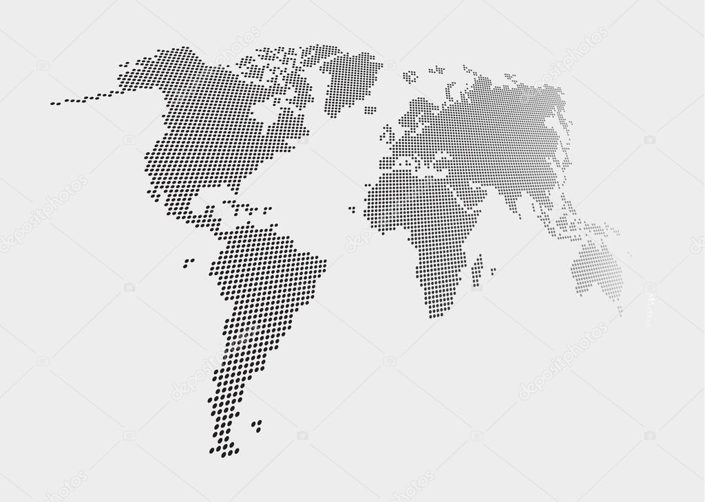 Distorted and dotted style world map on gray background