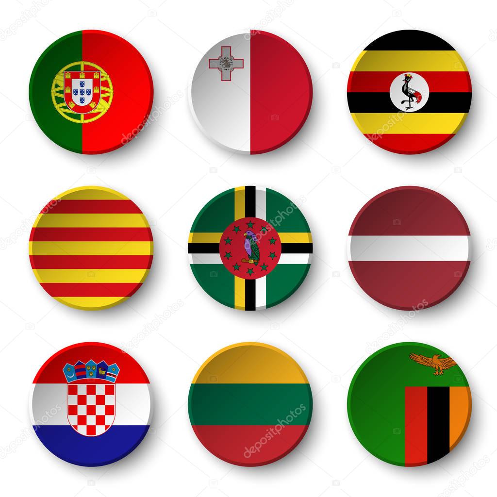 Set of world flags round badges ( Portugal . Malta . Uganda . Catalonia . Dominica . Latvia . Croatia . Lithuania . Zambia ) .