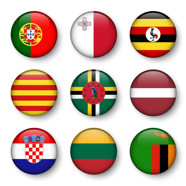 Ensemble de drapeaux du monde insignes ronds (Portugal. Malte. Ouganda. Catalogne. La Dominique. Lettonie. Croatie. Lituanie. Zambie  ) — Image vectorielle