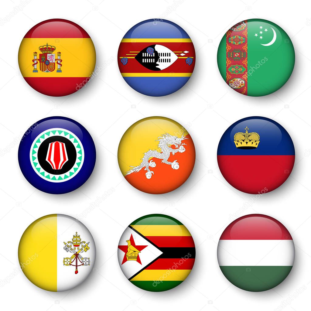Set of world flags round badges ( Spain . Swaziland . Turkmenistan . Bougainville . Bhutan . Liechtenstein . Vatican city . Zimbabwe . Hungary )