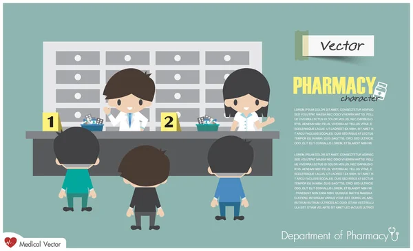 Department of Pharmacy. Gyógyszerészek beteg, kórházban van forgalmazása. Lapos kivitel. Vektor — Stock Vector