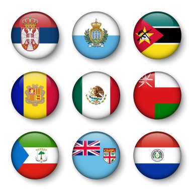 Dünya kümesi bayraklar yuvarlak rozetleri (Sırbistan. San marino. Mozambik. Andorra. Meksika. Umman. Ekvator Ginesi. Fiji. Paraguay )
