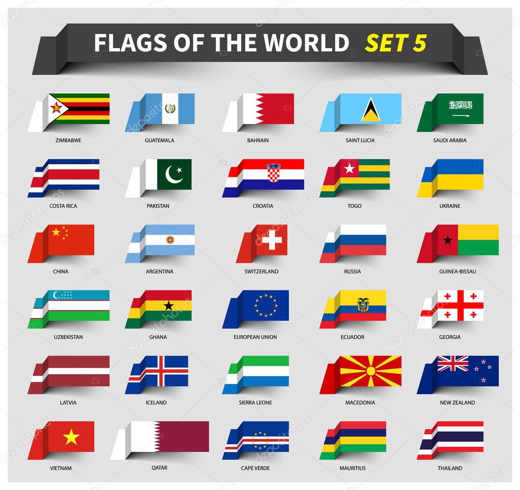 All flags of the world set 5 . Waving ribbon style .