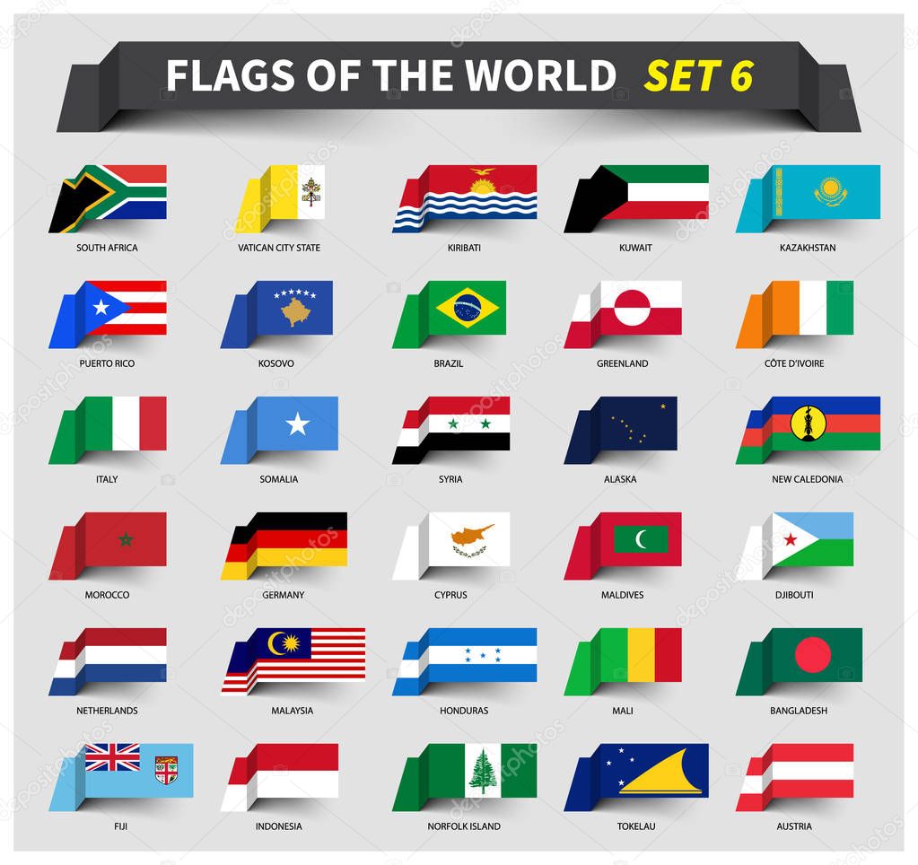 All flags of the world set 6 . Waving ribbon style .