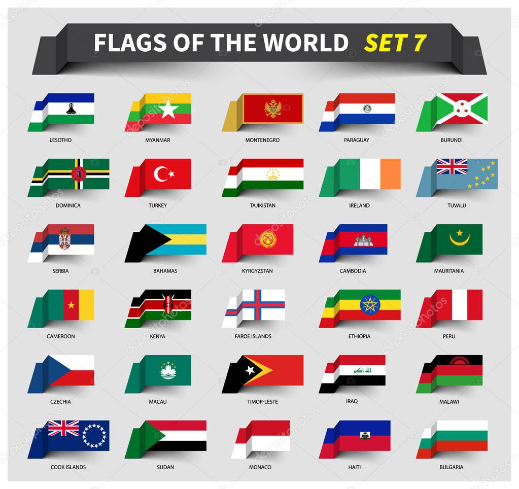 All flags of the world set 7 . Waving ribbon style .