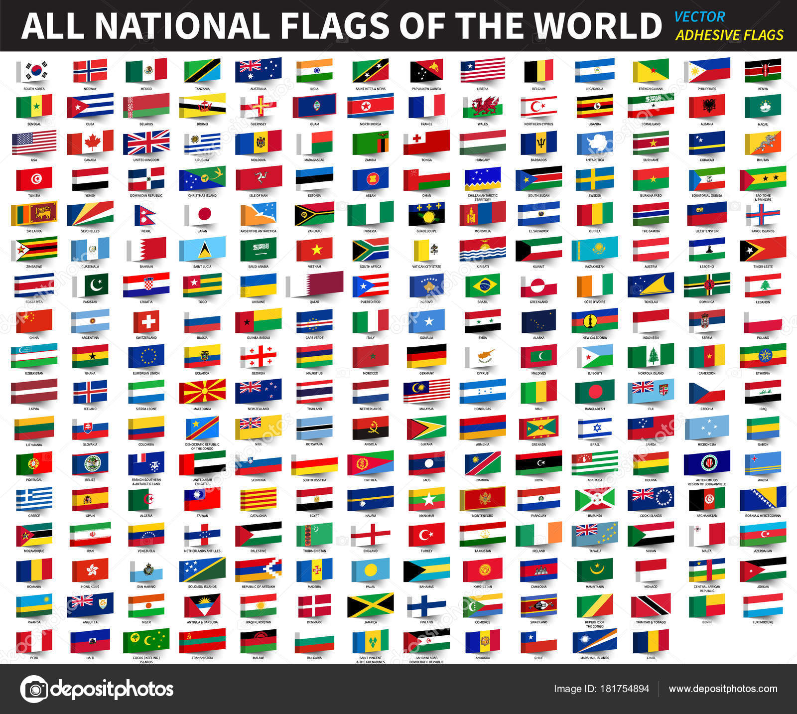 Banderas nacionales oficiales del mundo. Diseño adhesivo. Vector vector