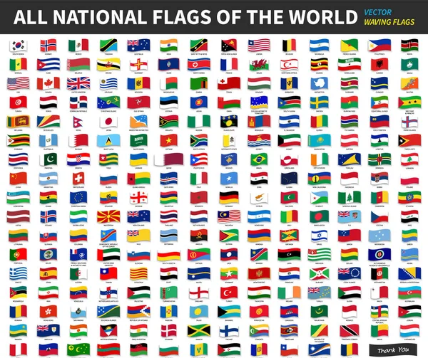 Semua bendera nasional resmi dunia. Desain melambaikan tangan. Vektor - Stok Vektor