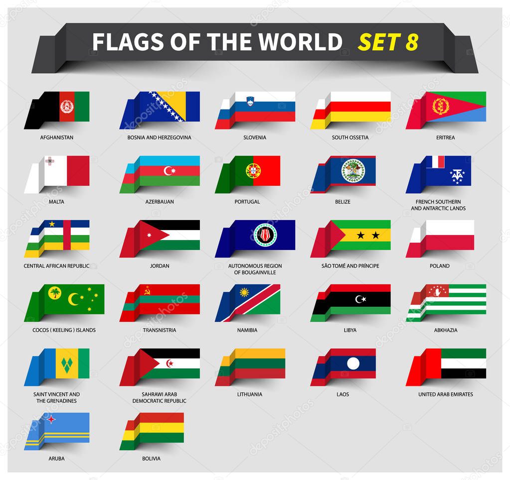 All flags of the world set 8 . Waving ribbon style .