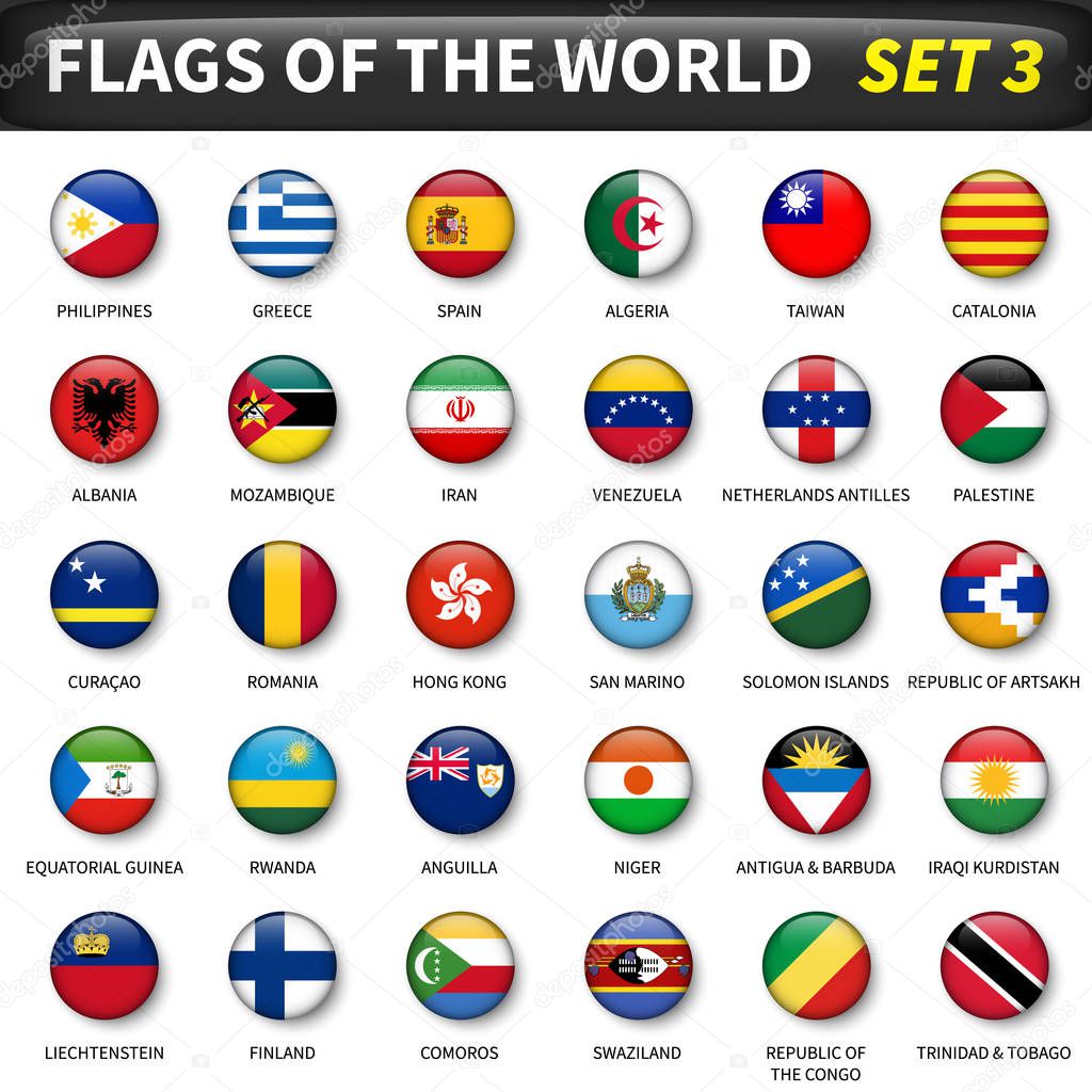 All flags of the world set 3 . Circle and convex design .
