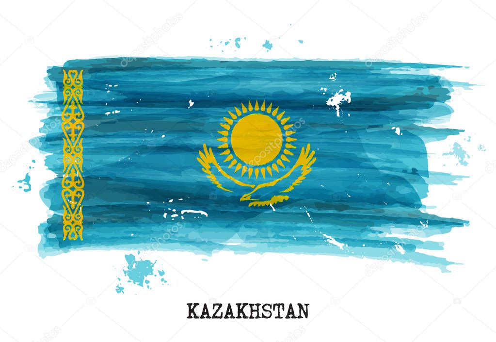 Watercolor painting flag of Kazakhstan . Vector