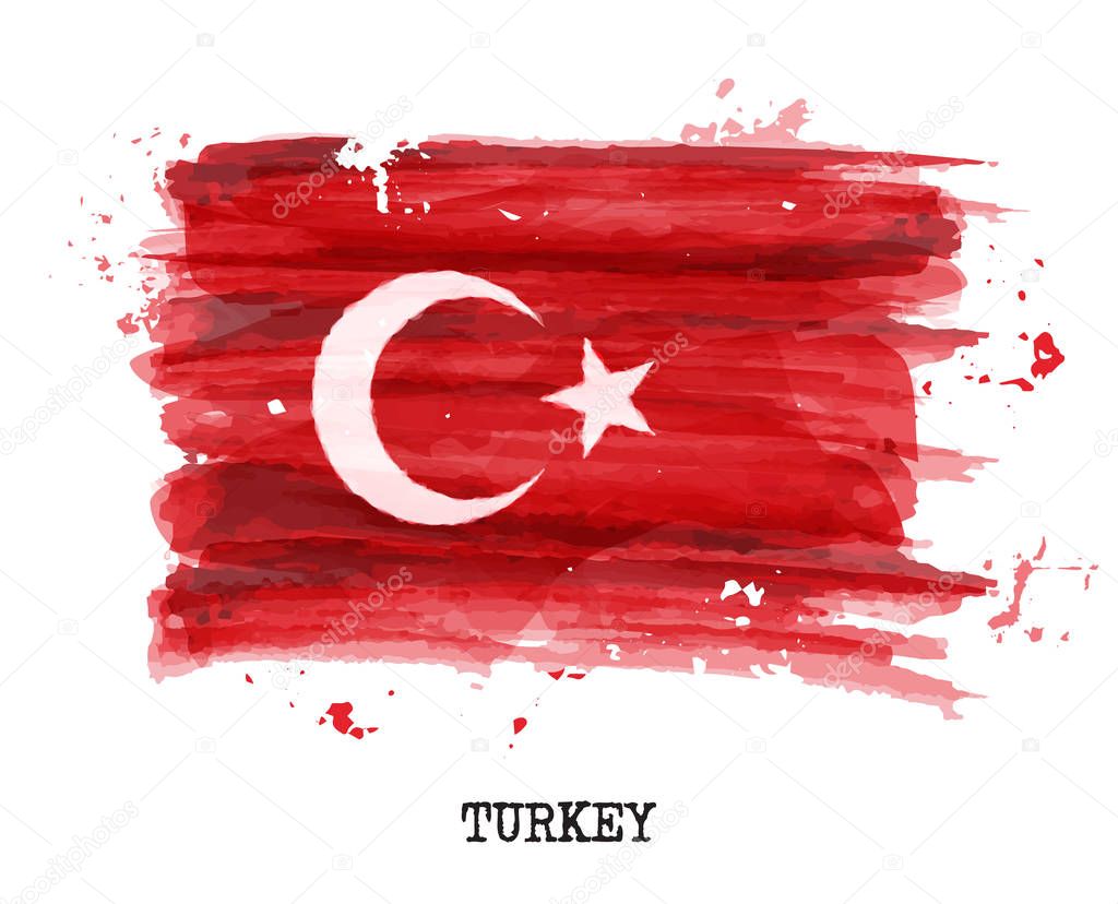 Watercolor painting flag of Turkey . Vector