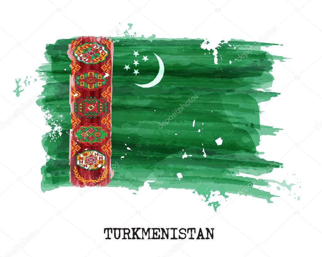 Watercolor painting flag of Turkmenistan . Vector