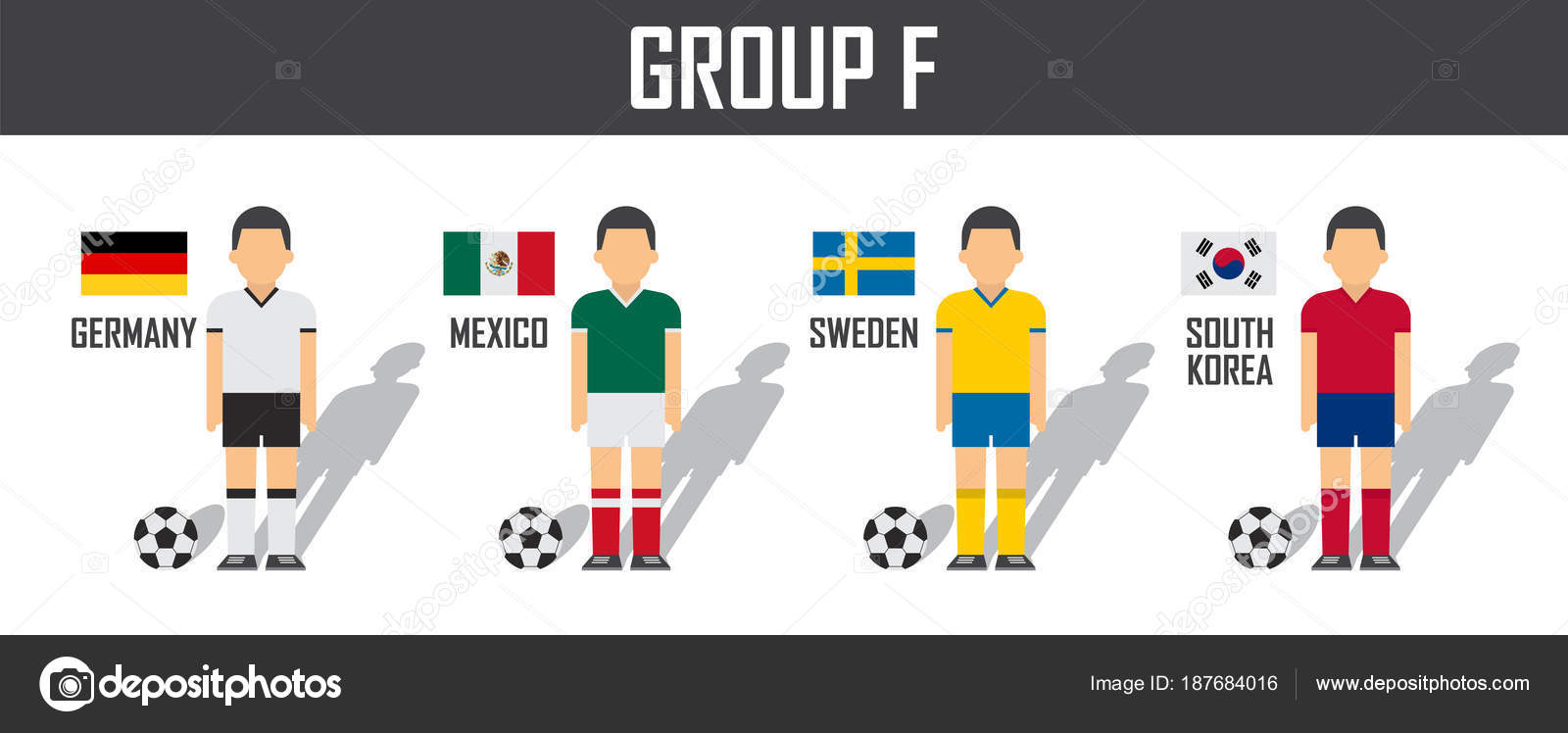 Futbol Kupası 2018 takım F Grubu. Jersey düzgün ve ulusal bayrakları