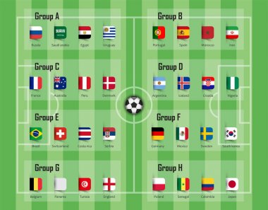 Futbol Kupası 2018 takım grubu ve ülke bayrakları. Uluslararası Dünya Şampiyonası turnuva için vektör