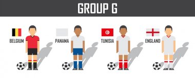 Futbol Kupası 2018 takım grubu G. Jersey düzgün ve ulusal bayrakları ile futbol oyuncuları. Uluslararası Dünya Şampiyonası turnuva için vektör
