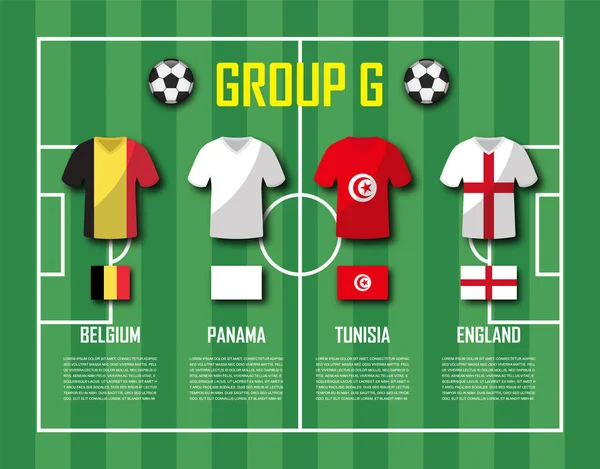 Futball világbajnokság 2018 csoport G csoport. Labdarúgók jersey egységes és nemzeti zászlókkal. Vektor a nemzetközi világ bajnokság — Stock Vector