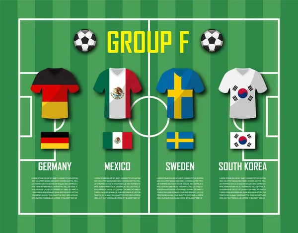 Copa de fútbol 2018 grupo de equipo F. Jugadores de fútbol con uniforme de jersey y banderas nacionales. Vector para el torneo de campeonato mundial internacional — Vector de stock