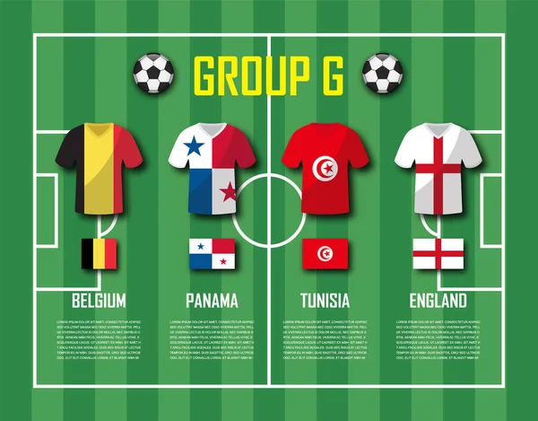 Coupe de football 2018 équipe du groupe G. Joueurs de football avec uniforme en jersey et drapeaux nationaux. Vecteur pour le tournoi international de championnat du monde — Image vectorielle