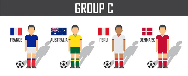 Copa de fútbol 2018 grupo C. Jugadores de fútbol con uniforme de jersey y banderas nacionales. Vector para el torneo de campeonato mundial internacional — Vector de stock