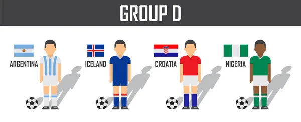 Copa de fútbol 2018 grupo D. Jugadores de fútbol con uniforme de jersey y banderas nacionales. Vector para el torneo de campeonato mundial internacional — Vector de stock