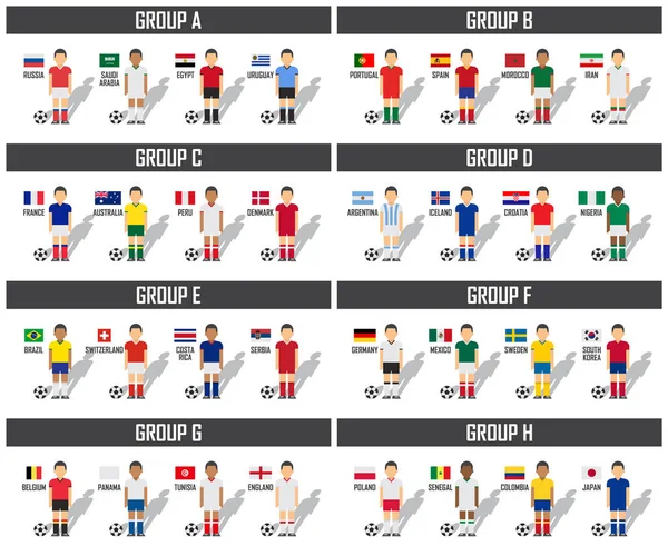 Copa de fútbol 2018 grupo conjunto. Jugadores de fútbol con uniforme de jersey y banderas nacionales. Vector para el torneo de campeonato mundial internacional — Vector de stock