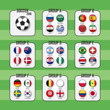 Futbol Kupası 2018. Ülke bayrakları takım Grup A - H kümesi. Daire tasarım. Uluslararası Dünya Şampiyonası turnuva için vektör