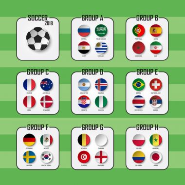Futbol Kupası 2018. Ülke bayrakları takım Grup A - H kümesi. Daire tasarım. Uluslararası Dünya Şampiyonası turnuva için vektör