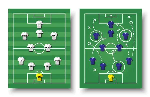 Formação de taça de futebol e tática. Conjunto de campo de futebol vista superior e jogadores com camisa em fundo isolado branco. Vetor para o conceito de torneio internacional de campeonato mundial 2018 —  Vetores de Stock