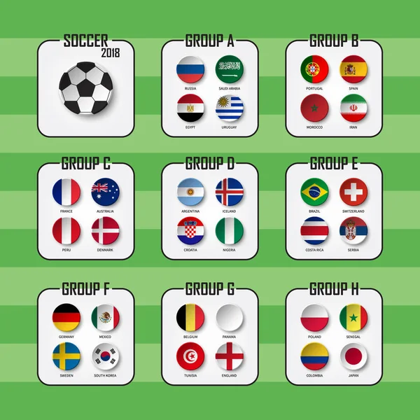 Fußball-WM 2018. Satz Nationalflaggen Mannschaftsgruppe a - h. Kreis-Design. Vektor für internationales WM-Turnier — Stockvektor
