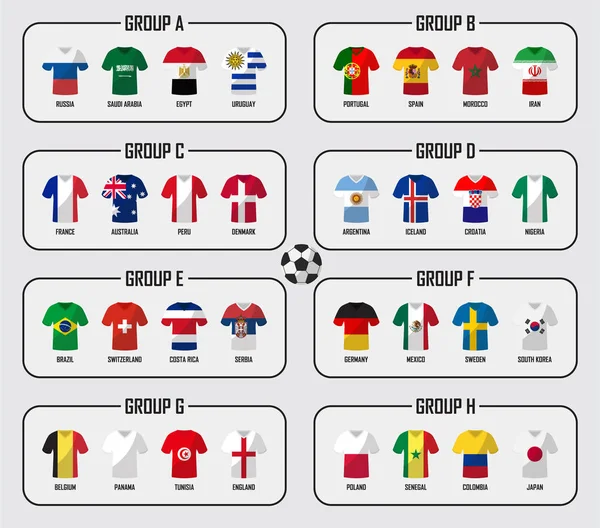 Copa de fútbol 2018 grupo conjunto. Jugadores de fútbol con uniforme de jersey y banderas nacionales. Vector para el torneo de campeonato mundial internacional — Vector de stock