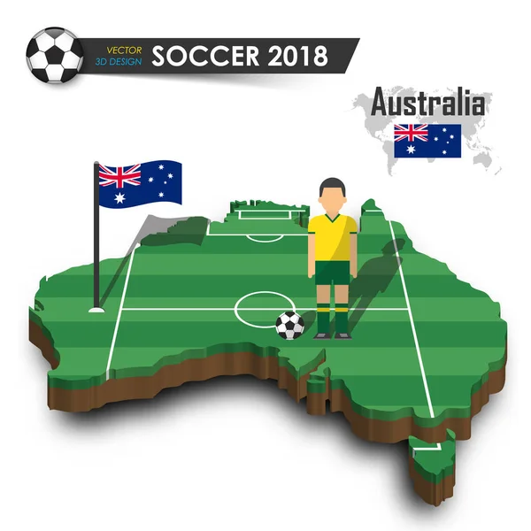 Australië voetbalelftal. Voetballer en vlag op 3d ontwerp land kaart. geïsoleerde achtergrond. Vector voor internationale wereld kampioenschap 2018 toernooi concept — Stockvector