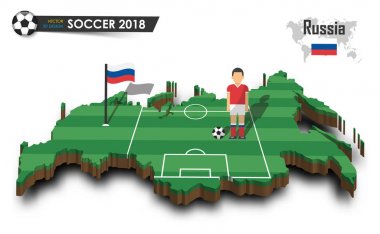 Rusya Millî Futbol Takımı. Futbolcu ve 3d tasarım ülke haritada bayrak. izole arka plan. Uluslararası Dünya Şampiyonası turnuva 2018 konsepti için vektör