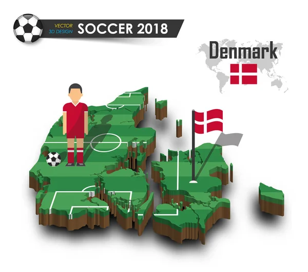 Denemarken voetbalelftal. Voetballer en vlag op 3d ontwerp land kaart. geïsoleerde achtergrond. Vector voor internationale wereld kampioenschap 2018 toernooi concept — Stockvector
