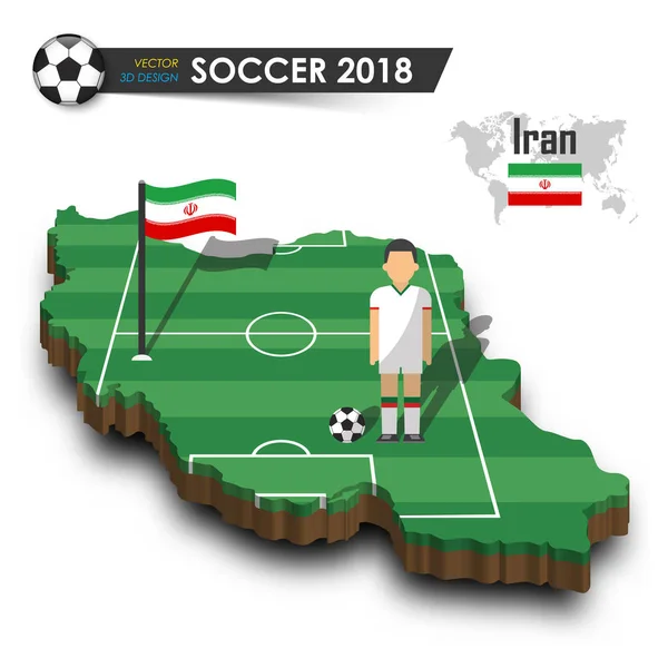 Iran voetbalelftal. Voetballer en vlag op 3d ontwerp land kaart. geïsoleerde achtergrond. Vector voor internationale wereld kampioenschap 2018 toernooi concept — Stockvector