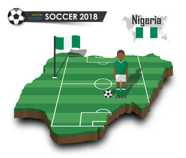 Nigeria voetbalelftal. Voetballer en vlag op 3d ontwerp land kaart. geïsoleerde achtergrond. Vector voor internationale wereld kampioenschap 2018 toernooi concept — Stockvector