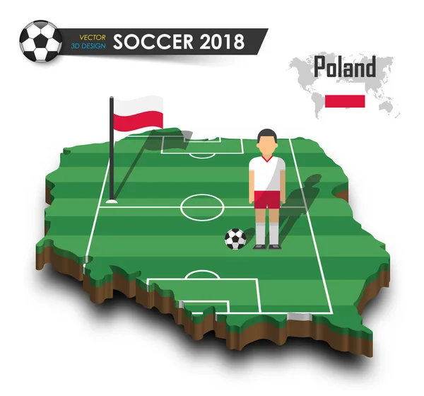 Polen voetbalelftal. Voetballer en vlag op 3d ontwerp land kaart. geïsoleerde achtergrond. Vector voor internationale wereld kampioenschap 2018 toernooi concept — Stockvector