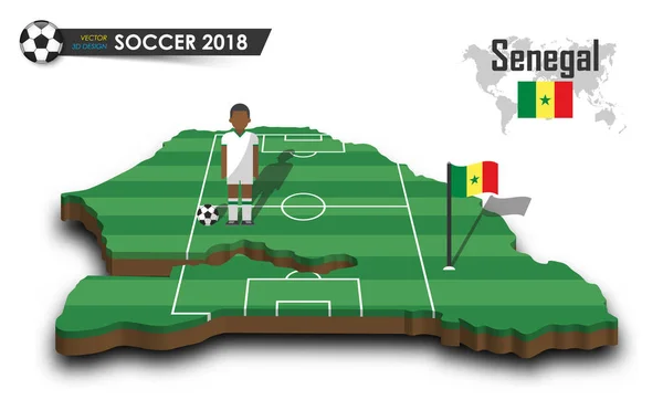 Senegal voetbalelftal. Voetballer en vlag op 3d ontwerp land kaart. geïsoleerde achtergrond. Vector voor internationale wereld kampioenschap 2018 toernooi concept — Stockvector