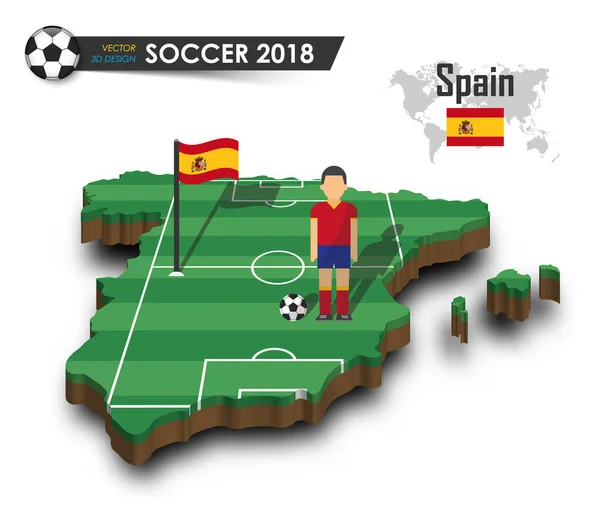 Spanje voetbalelftal. Voetballer en vlag op 3d ontwerp land kaart. geïsoleerde achtergrond. Vector voor internationale wereld kampioenschap 2018 toernooi concept — Stockvector