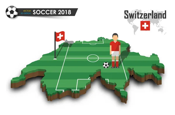 Zwitserland voetbalelftal. Voetballer en vlag op 3d ontwerp land kaart. geïsoleerde achtergrond. Vector voor internationale wereld kampioenschap 2018 toernooi concept — Stockvector