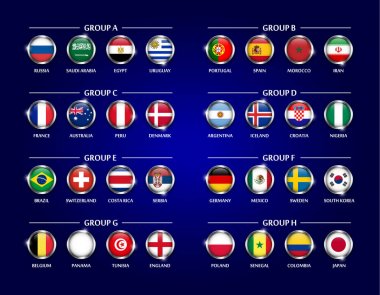 Futbol ya da Futbol Kupası 2018 takım grubu ayarlayın. Daire cam tasarımı ulusal bayrak, metal kenar ve ışıltı ile kaplı. Uluslararası Dünya Şampiyonası turnuva için vektör .