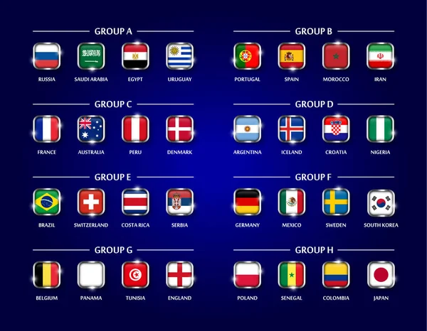 फुटबॉल या फुटबॉल कप 2018 टीम समूह सेट। स्क्वायर ग्लास ने नीले रंग की पृष्ठभूमि पर धातु किनारे और चमक के साथ राष्ट्रीय ध्वज के डिजाइन को कवर किया। अंतर्राष्ट्रीय विश्व चैम्पियनशिप टूर्नामेंट के लिए वेक्टर — स्टॉक वेक्टर