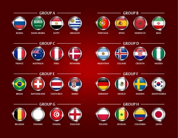 フットボールまたはサッカー カップ 2018年チーム グループを設定します。丸からすは金属エッジと輝きで国旗のデザインをカバーしました。国際的な世界選手権大会のためのベクトル — ストックベクタ