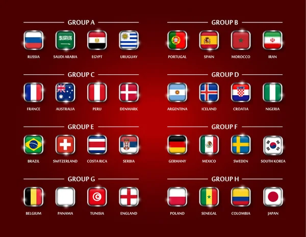 Voetbal of Soccer cup 2018 team groep instellen. Gedekt glasontwerp van nationale vlag Square met metalen rand en schitteren op rode kleur achtergrond. Vector voor internationale wereld kampioenschap toernooi — Stockvector