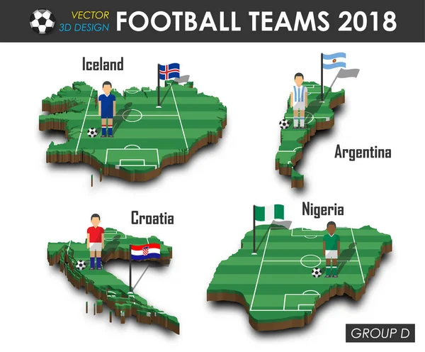 Nationale voetbal teams 2018 groep D. Voetballer en vlag op 3d ontwerp land kaart. geïsoleerde achtergrond. Vector voor internationale wereld kampioenschap 2018 toernooi concept — Stockvector