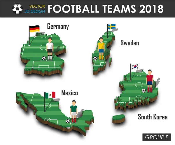 Nationale voetbal teams 2018 groep F. Voetballer en vlag op 3d ontwerp land kaart. geïsoleerde achtergrond. Vector voor internationale wereld kampioenschap 2018 toernooi concept — Stockvector