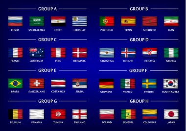 Futbol Kupası takım grup hazır. Degrade mavi renk arka plan üzerinde gerçekçi dalgalı ülke bayrakları. Uluslararası Dünya Şampiyonası turnuva 2018 için vektör