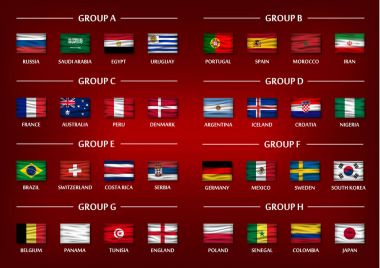 Futbol Kupası takım grup hazır. Gerçekçi dalgalı ülke bayrakları degrade kırmızı arka planını renklendirin. Uluslararası Dünya Şampiyonası turnuva 2018 için vektör