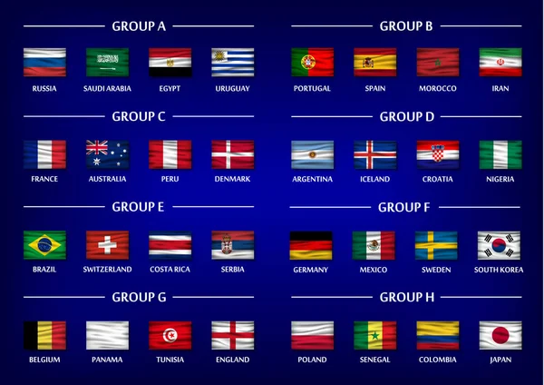 Foci kupa csapat csoport beállítása. Reális hullámos nemzeti zászlók a színátmenetes kék színű háttér. A nemzetközi world championship versenyen 2018 vektor — Stock Vector