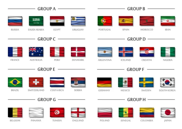 Foci kupa csapat csoport beállítása. Reális hullámos nemzeti zászlók. A nemzetközi world championship versenyen 2018 vektor — Stock Vector