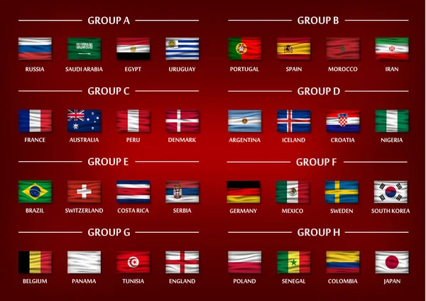 Grupo de equipo de Copa de Fútbol. Banderas nacionales onduladas realistas sobre fondo de color rojo degradado. Vector para el torneo internacional de campeonato mundial 2018 — Vector de stock